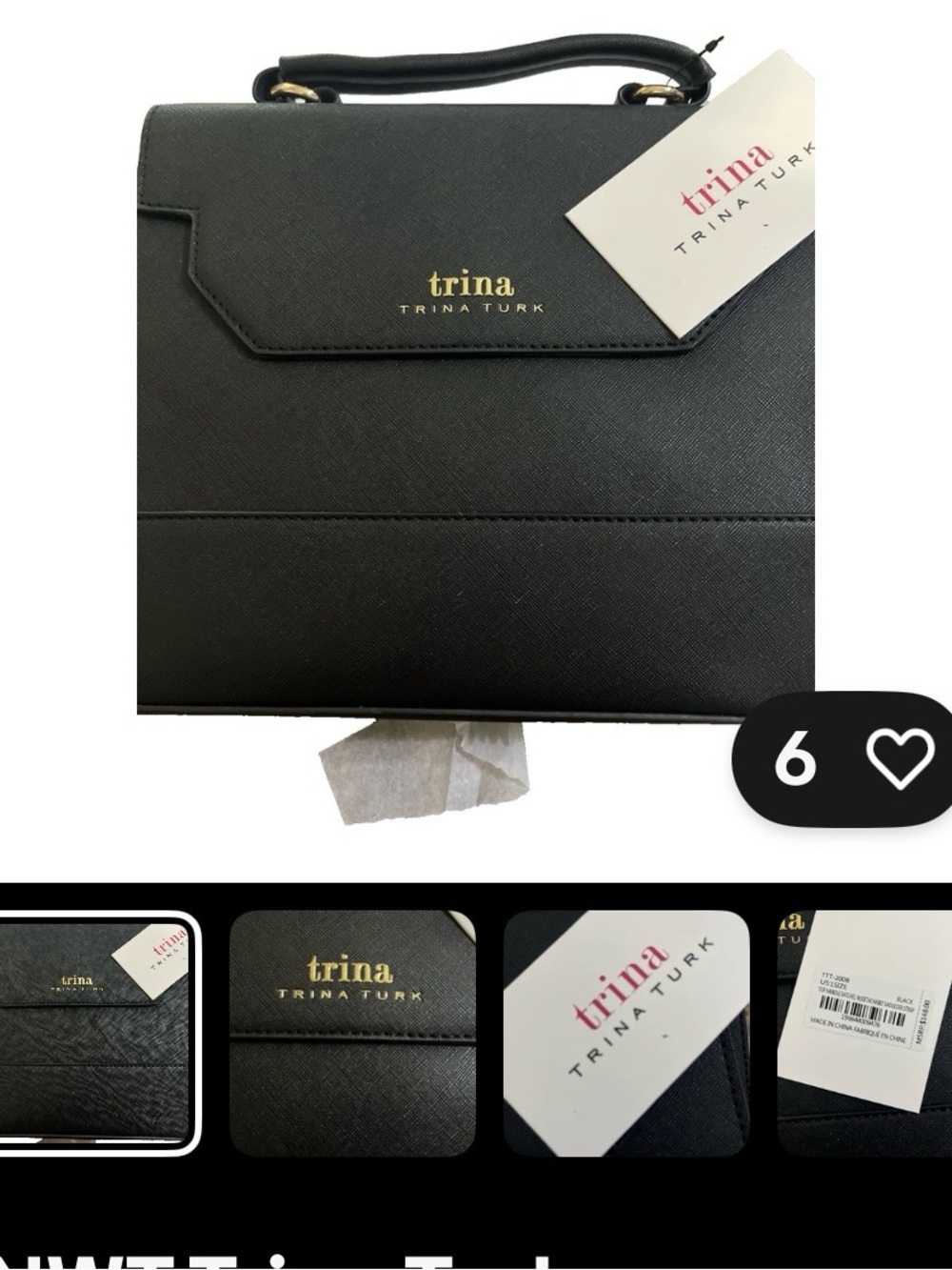 Trina Turk Black Structured Top-Handle Satchel with Gold Logo
